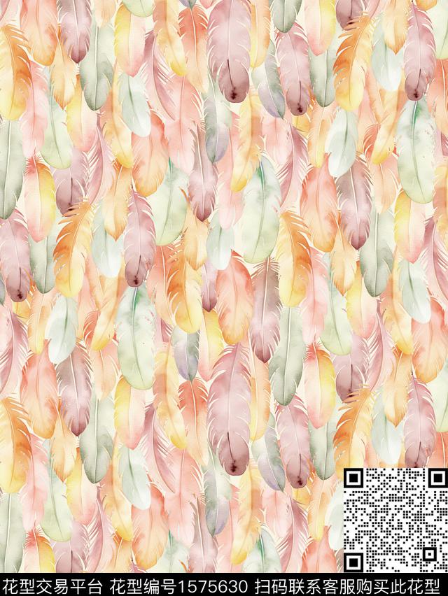 水彩羽毛羽毛春夏花型数码印花花型下载（图片编号: 1575630） - 瓦栏（Walan）