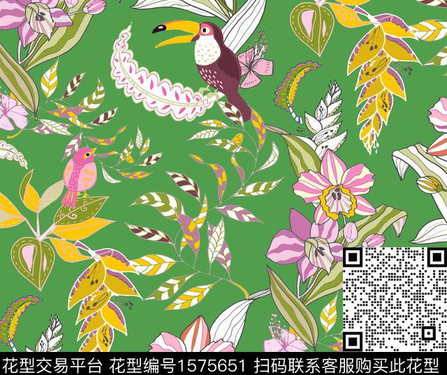 热带花卉鸟数码印花花型下载（图片编号: 1575651） - 瓦栏（Walan）