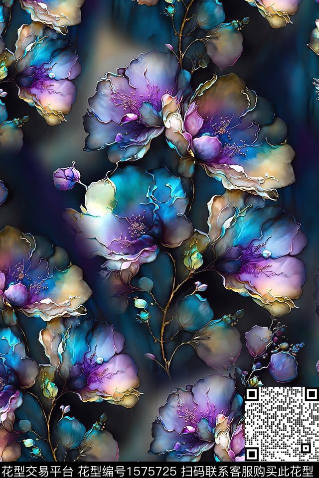 黑底花卉真丝花卉数码印花花型下载（图片编号: 1575725） - 瓦栏（Walan）