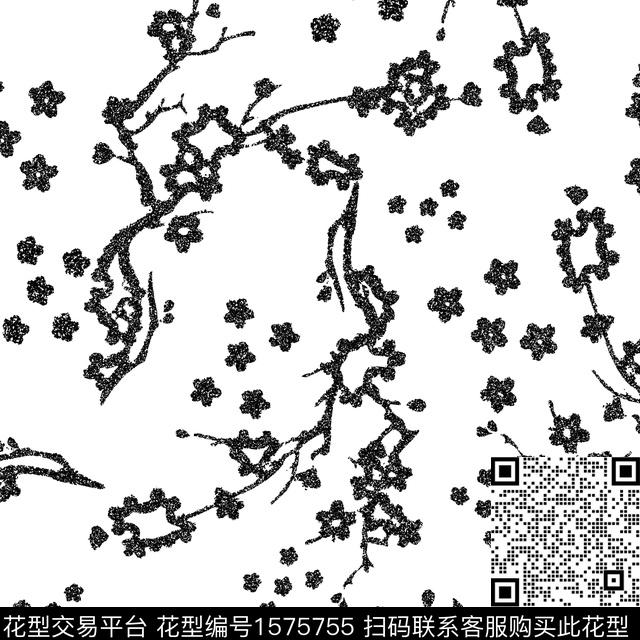 黑白花型梅花花卉数码印花花型下载（图片编号: 1575755） - 瓦栏（Walan）