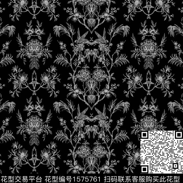 黑白花卉树枝数码印花花型下载（图片编号: 1575761） - 瓦栏（Walan）