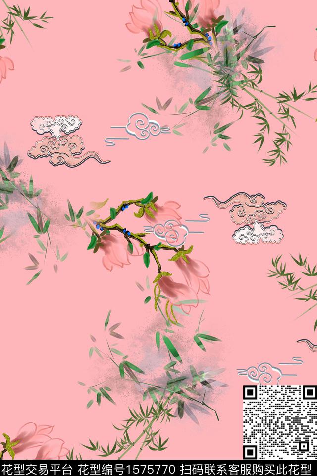 中国风竹子祥云数码印花花型下载（图片编号: 1575770） - 瓦栏（Walan）