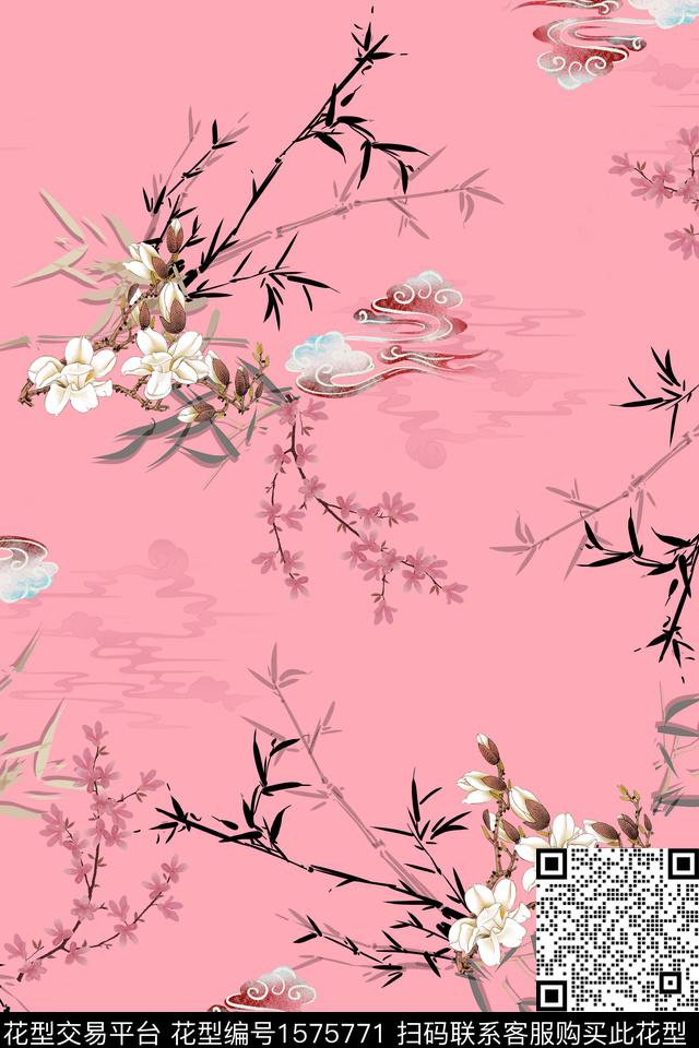 中国风竹子祥云数码印花花型下载（图片编号: 1575771） - 瓦栏（Walan）
