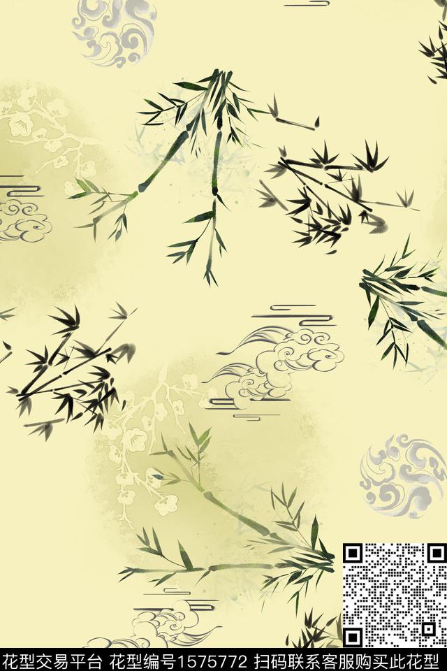 中国风竹子祥云数码印花花型下载（图片编号: 1575772） - 瓦栏（Walan）
