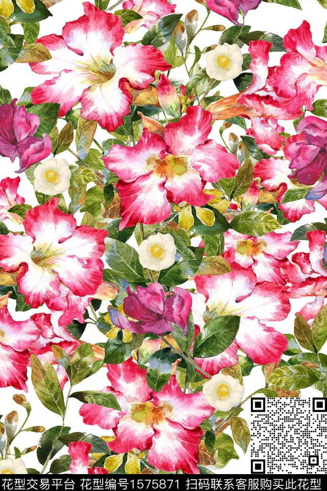 植物水彩花卉清爽底花卉数码印花花型下载（图片编号: 1575871） - 瓦栏（Walan）