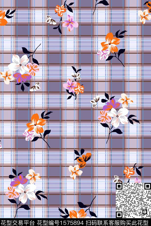 花卉底纹格子数码印花花型下载（图片编号: 1575894） - 瓦栏（Walan）