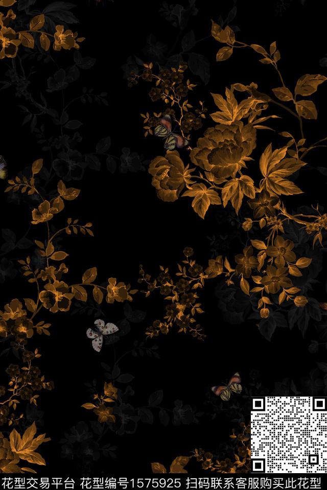 黑底花卉真丝花卉数码印花花型下载（图片编号: 1575925） - 瓦栏（Walan）