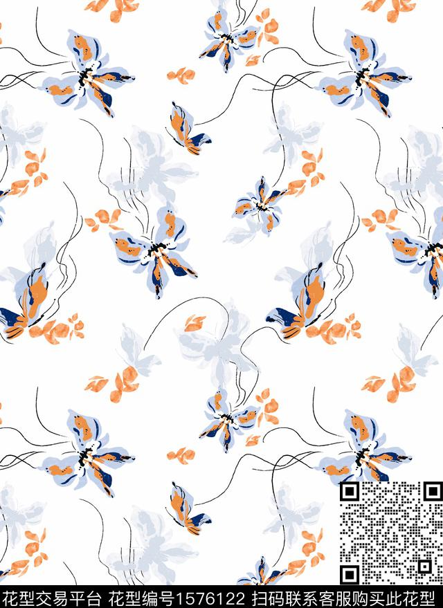 花卉连衣裙蝴蝶数码印花花型下载（图片编号: 1576122） - 瓦栏（Walan）