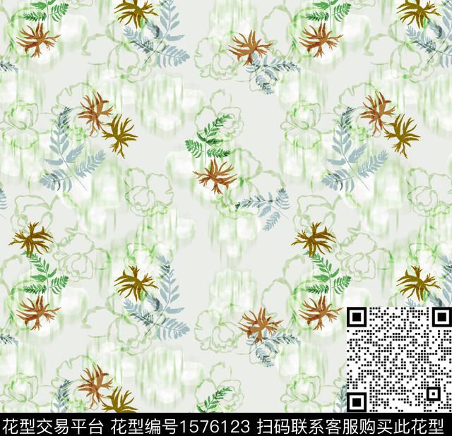 连衣裙水彩花卉叶子数码印花花型下载（图片编号: 1576123） - 瓦栏（Walan）