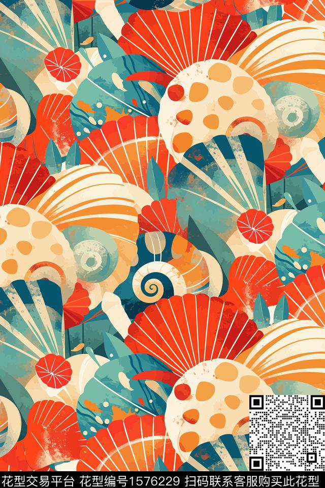 贝壳手绘数码印花花型下载（图片编号: 1576229） - 瓦栏（Walan）