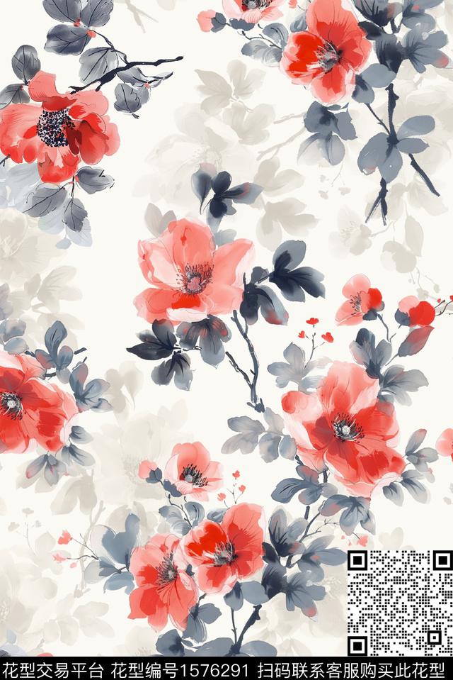 花卉影花水彩花卉数码印花花型下载（图片编号: 1576291） - 瓦栏（Walan）