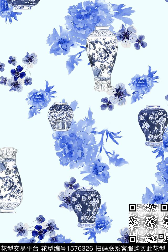 花卉青花瓷旗袍数码印花花型下载（图片编号: 1576326） - 瓦栏（Walan）