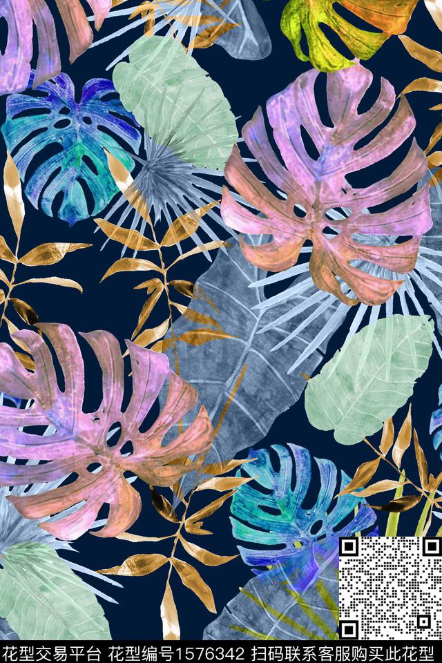 黑底花卉热带花型水彩数码印花花型下载（图片编号: 1576342） - 瓦栏（Walan）