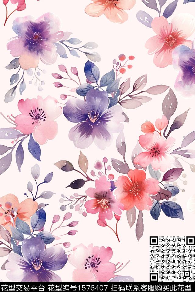 清爽花卉花卉水彩花卉数码印花花型下载（图片编号: 1576407） - 瓦栏（Walan）