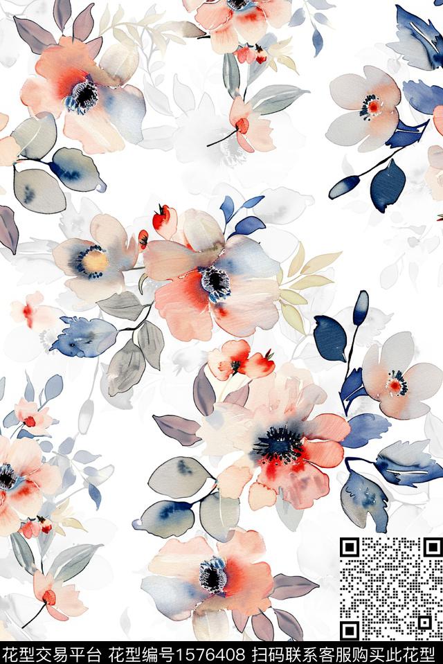 影花花卉水彩花卉数码印花花型下载（图片编号: 1576408） - 瓦栏（Walan）