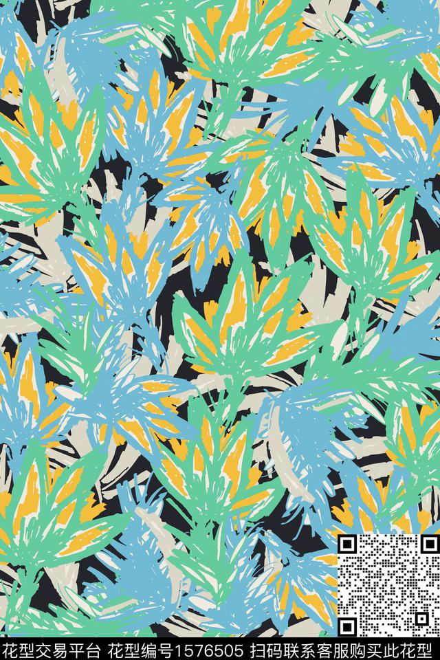 黑底花卉抽象花卉剪影数码印花花型下载（图片编号: 1576505） - 瓦栏（Walan）