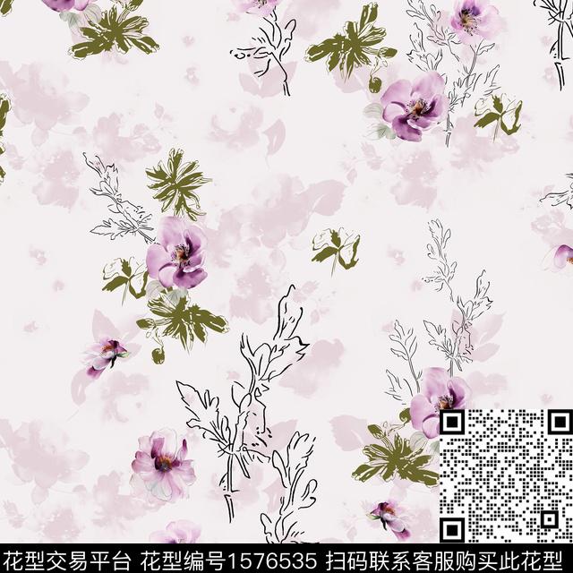 花卉连衣裙水彩花卉数码印花花型下载（图片编号: 1576535） - 瓦栏（Walan）