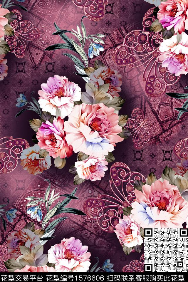 中东大花花卉数码印花花型下载（图片编号: 1576606） - 瓦栏（Walan）
