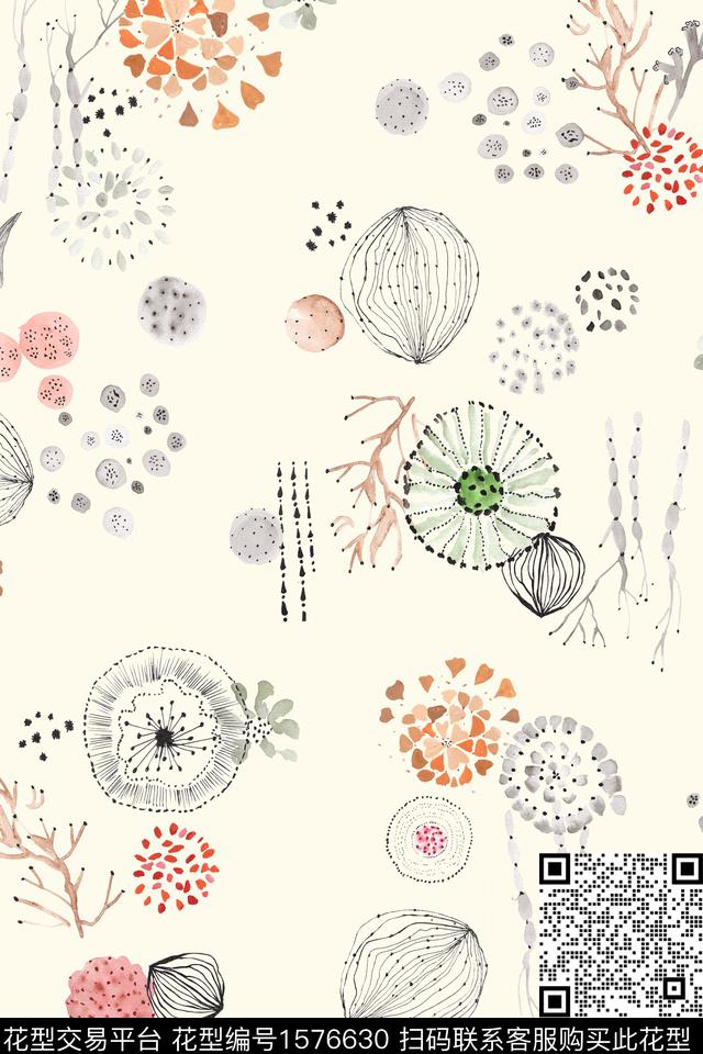 趣味水彩抽象花卉数码印花花型下载（图片编号: 1576630） - 瓦栏（Walan）
