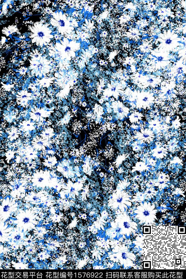 黑底花卉小雏菊水彩花卉数码印花花型下载（图片编号: 1576922） - 瓦栏（Walan）