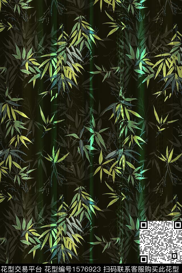 竹叶影花黑底数码印花花型下载（图片编号: 1576923） - 瓦栏（Walan）