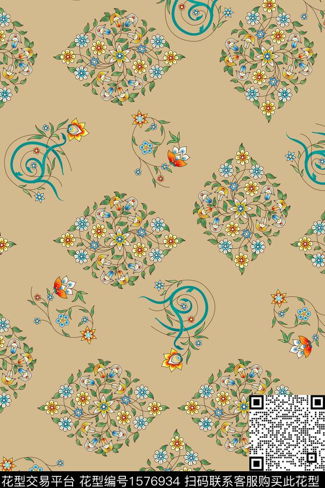 花卉线条花花纹数码印花花型下载（图片编号: 1576934） - 瓦栏（Walan）