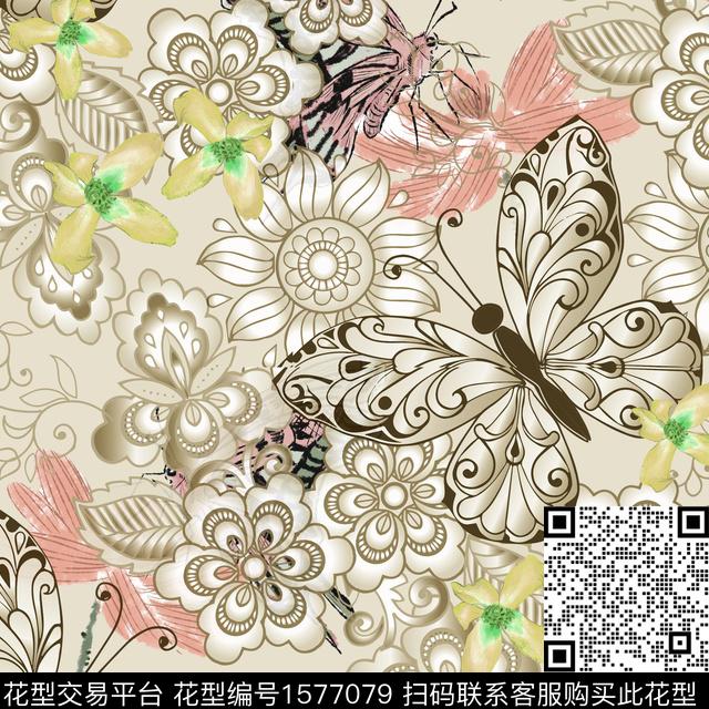 小碎花曼陀罗蝴蝶数码印花花型下载（图片编号: 1577079） - 瓦栏（Walan）