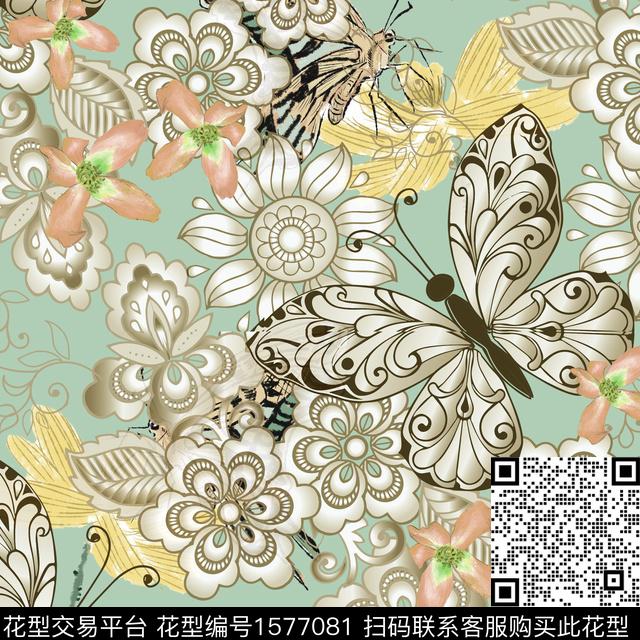 蝴蝶民族花卉影花数码印花花型下载（图片编号: 1577081） - 瓦栏（Walan）