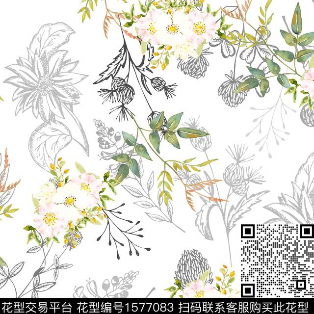 小清新清爽水彩花卉数码印花花型下载（图片编号: 1577083） - 瓦栏（Walan）