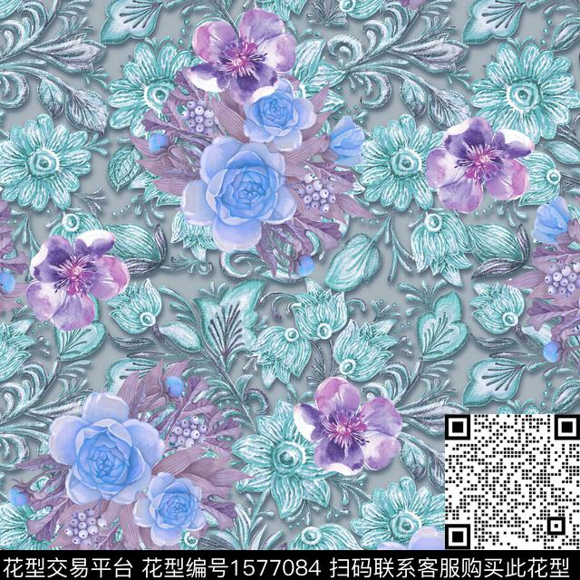 玫瑰花水彩花卉3D立体数码印花花型下载（图片编号: 1577084） - 瓦栏（Walan）