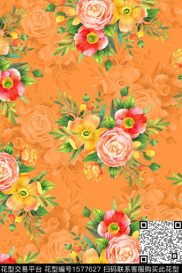花卉水彩花卉影花数码印花花型下载（图片编号: 1577627） - 瓦栏（Walan）