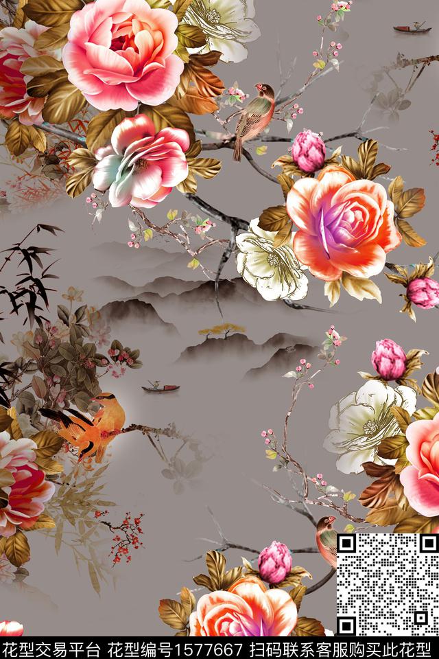 花卉山中老年数码印花花型下载（图片编号: 1577667） - 瓦栏（Walan）