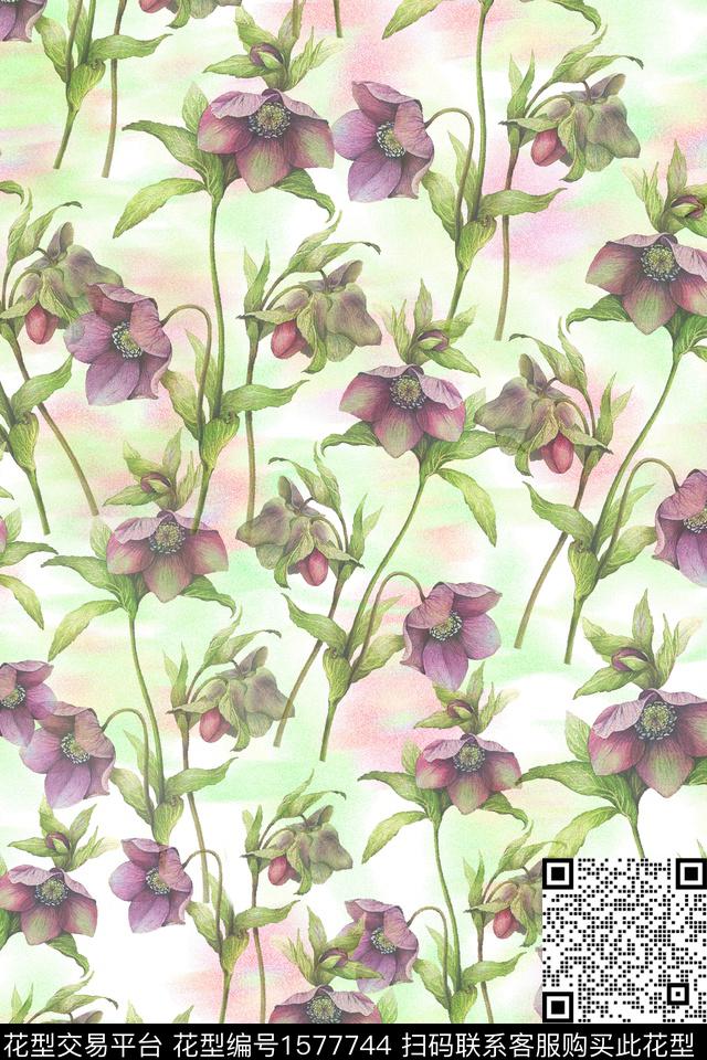 水彩花卉满版散花底纹数码印花花型下载（图片编号: 1577744） - 瓦栏（Walan）