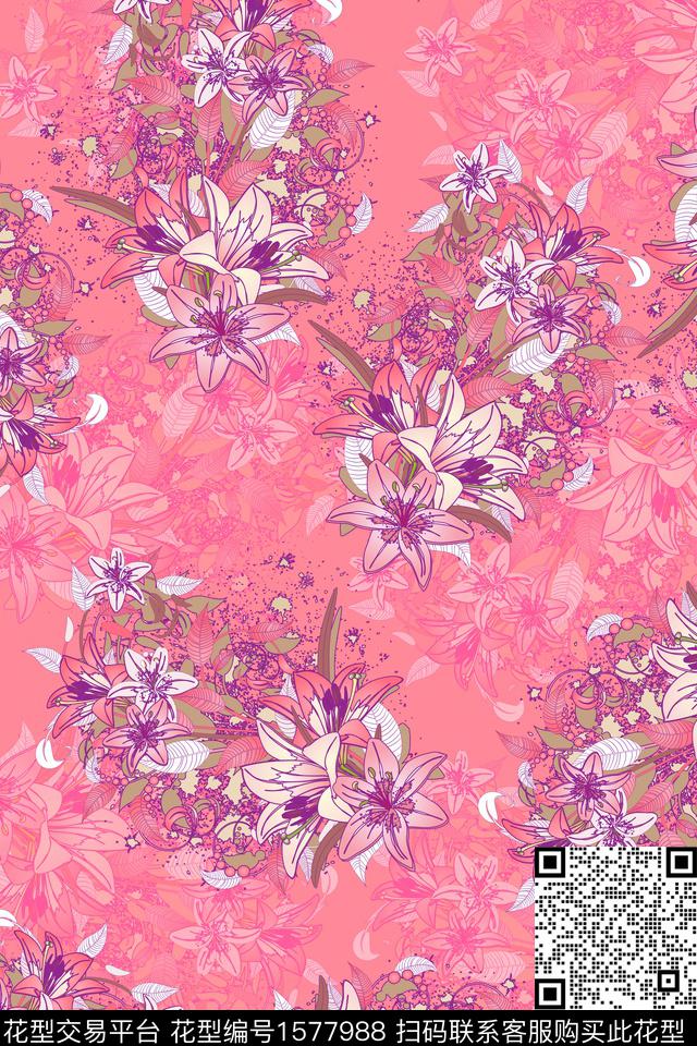 花卉满版散花影花数码印花花型下载（图片编号: 1577988） - 瓦栏（Walan）