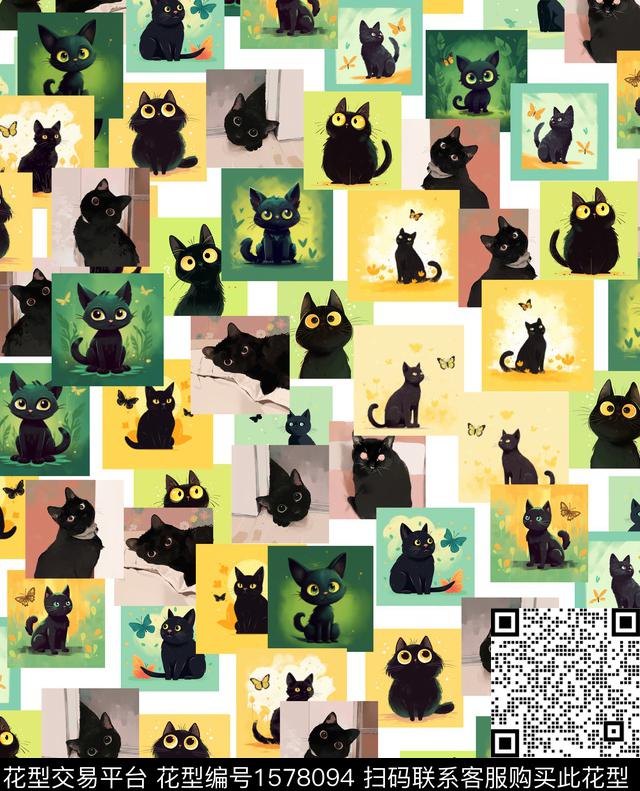 插画混合拼接猫数码印花花型下载（图片编号: 1578094） - 瓦栏（Walan）