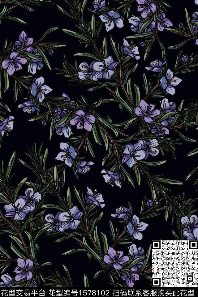 花卉女装黑底花卉数码印花花型下载（图片编号: 1578102） - 瓦栏（Walan）