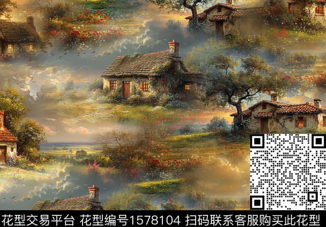 房屋复古油画花型数码印花花型下载（图片编号: 1578104） - 瓦栏（Walan）