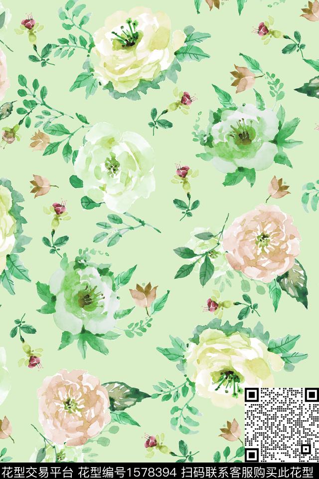 清爽花卉水彩花卉数码印花花型下载（图片编号: 1578394） - 瓦栏（Walan）