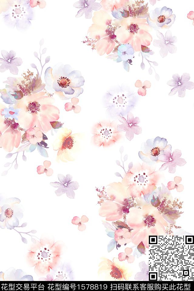 白底花花卉水彩花卉数码印花花型下载（图片编号: 1578819） - 瓦栏（Walan）