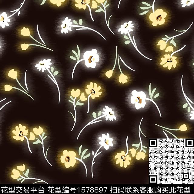 花卉黑底花卉小碎花数码印花花型下载（图片编号: 1578897） - 瓦栏（Walan）