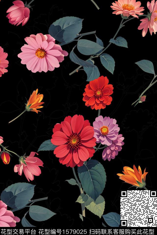 花卉立体花卉黑底花卉数码印花花型下载（图片编号: 1579025） - 瓦栏（Walan）