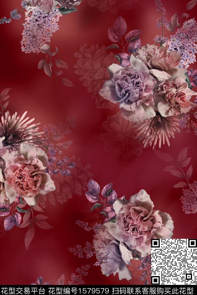 花卉中老年香云纱数码印花花型下载（图片编号: 1579579） - 瓦栏（Walan）