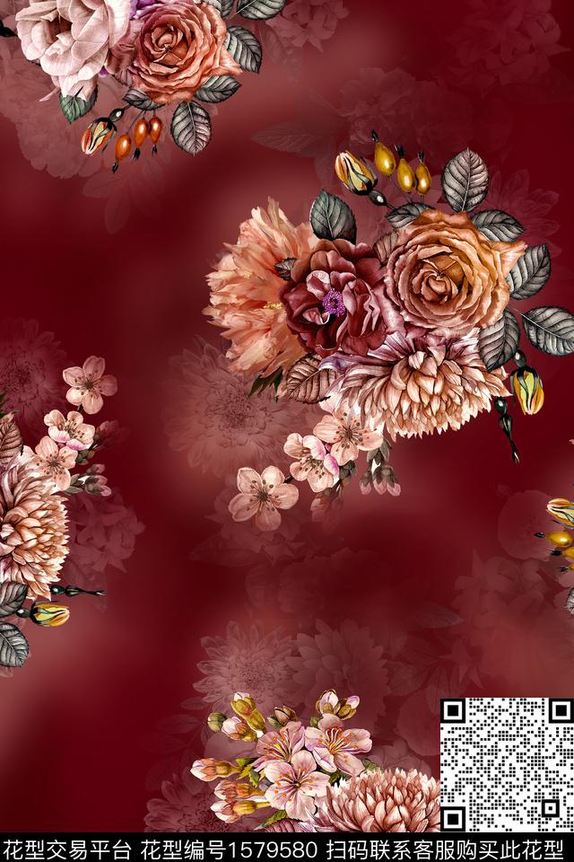 花卉中老年香云纱数码印花花型下载（图片编号: 1579580） - 瓦栏（Walan）