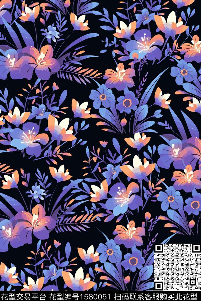 花卉女装黑底花卉数码印花花型下载（图片编号: 1580051） - 瓦栏（Walan）