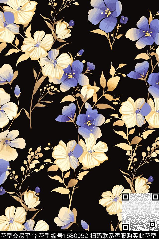花卉女装黑底花卉数码印花花型下载（图片编号: 1580052） - 瓦栏（Walan）