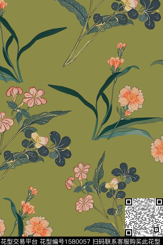 花卉清爽底花卉数码印花花型下载（图片编号: 1580057） - 瓦栏（Walan）