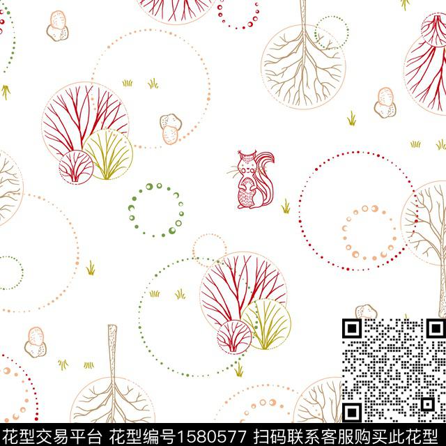 趣味松鼠树传统印花花型下载（图片编号: 1580577） - 瓦栏（Walan）
