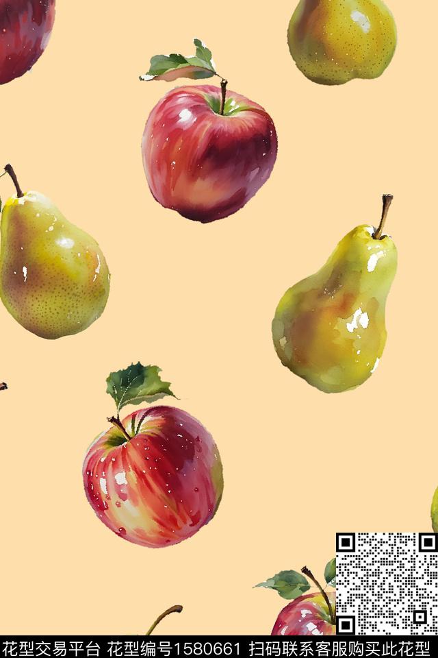苹果梨水彩数码印花花型下载（图片编号: 1580661） - 瓦栏（Walan）