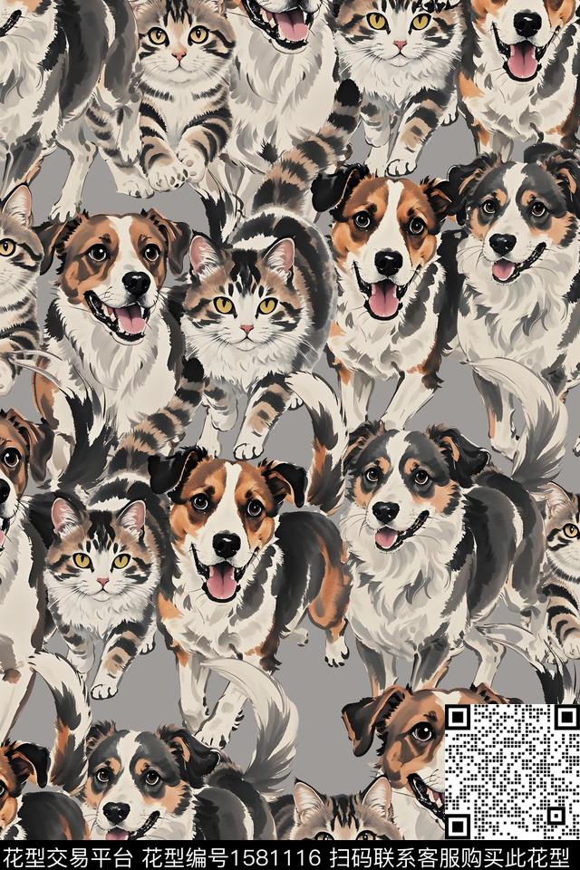 水彩动物猫数码印花花型下载（图片编号: 1581116） - 瓦栏（Walan）