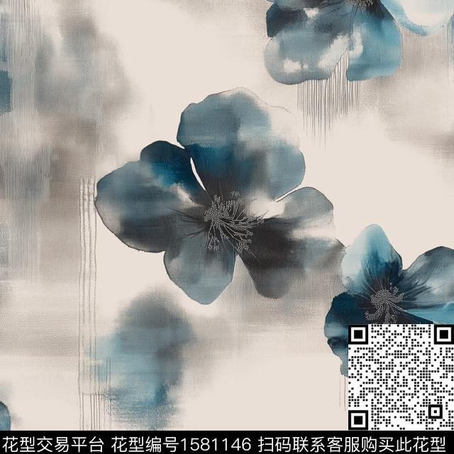 花卉水墨数码印花花型下载（图片编号: 1581146） - 瓦栏（Walan）